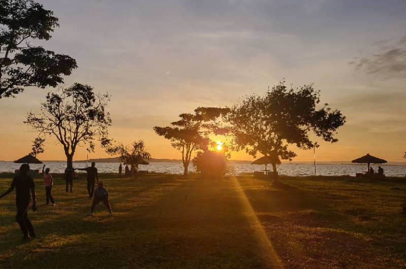Children playing on a swing set.